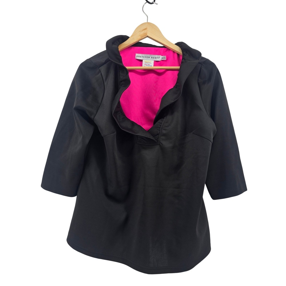 Gretchen Scott Tunic Top Womens XL Black Pink Ruffle Neck 3/4 Sleeve Stretch